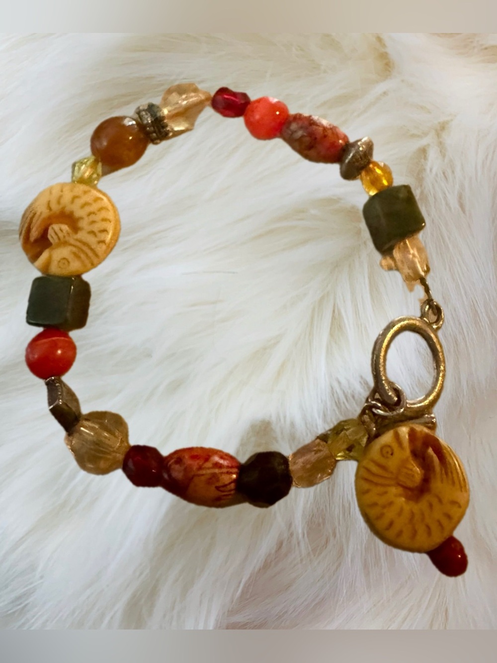 Artisan Boho Beadsd Bracelet with Carved Ammomite Fossil-Style Charms